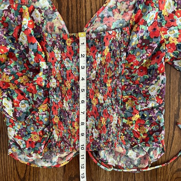 H&M Women's Blouse Viscose Crêpe V-neck Floral Top Drawstring in Front Sz L - Picture 12 of 12